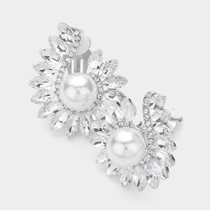 Silver White Pearl TearDrop Marquise Crystal Clip On Earrings 1.75 Inch ClipOns